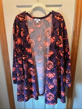 Lularoe Open Front Caroline Cardigan with Purple background and Coral Rose Print